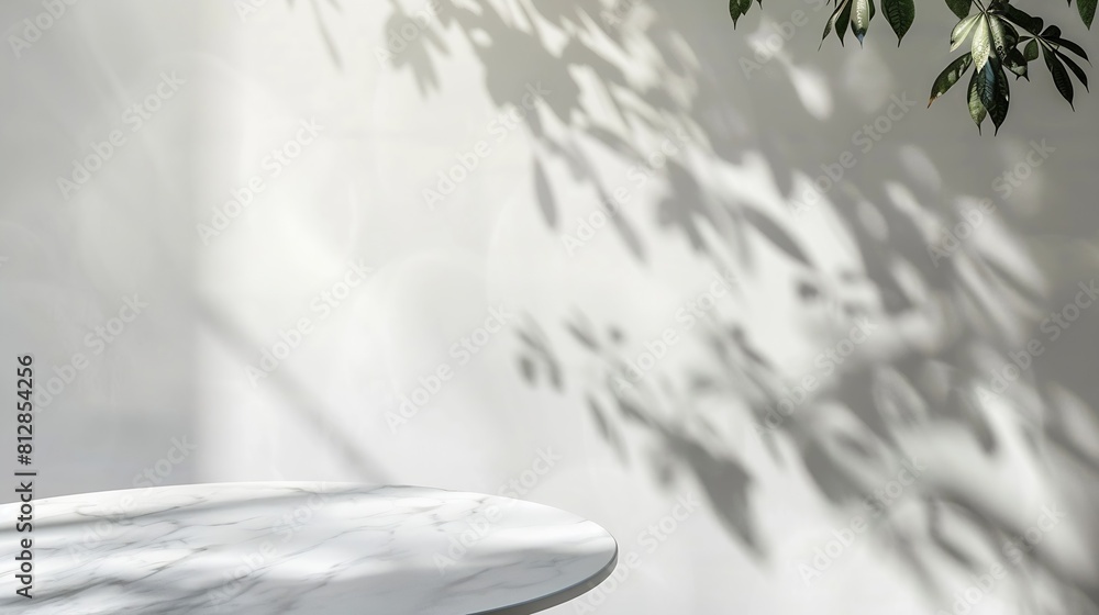 Aufkleber Round marble table top with tree leaves shadow drop on white wall background for mockup product display : Generative AI