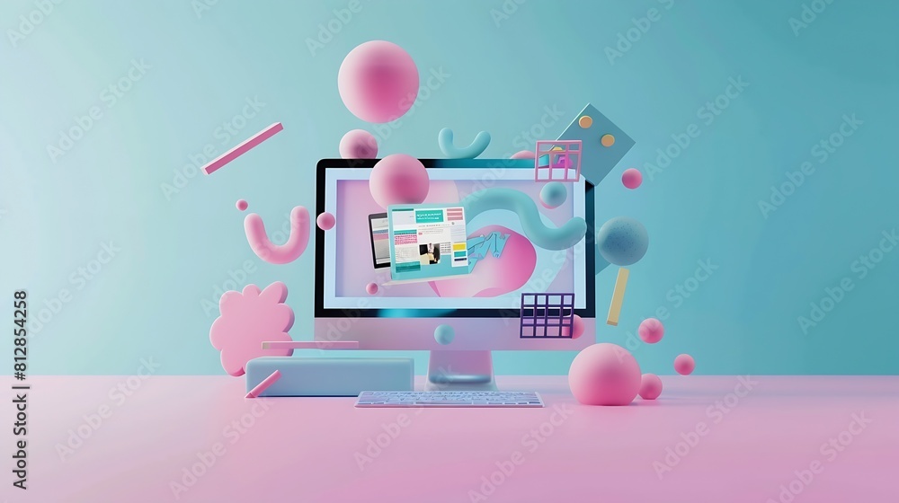 Poster Website design digital advertising agency concept with computer display and flying web page layout elements concept : Generative AI
