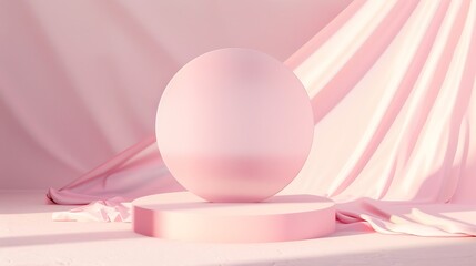 Elegant pastel pink circle single podium mockup in sunlight with shadow on soft light sunny background copy space Template scene for advertising presentation cosmetic product or goods  : Generative AI