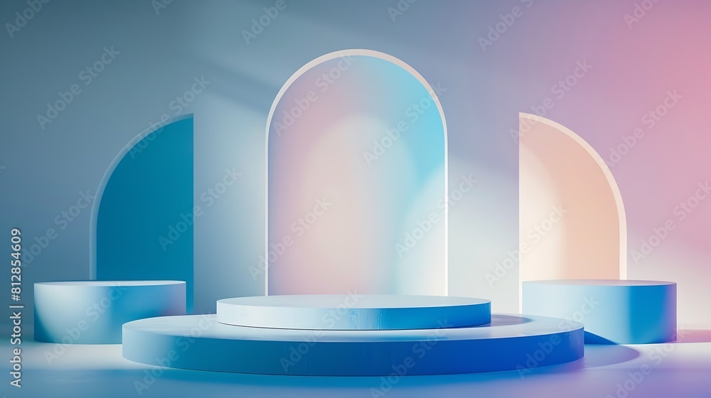 Poster minimalistic abstract scene with geometric empty podiums decorated on color background space for cos