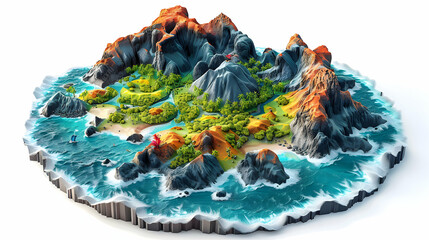 Flat Design Backdrop: Volcanic Archipelago from Above   Aerial Shot Showcasing Diverse Formations and Vibrant Life on Each Island