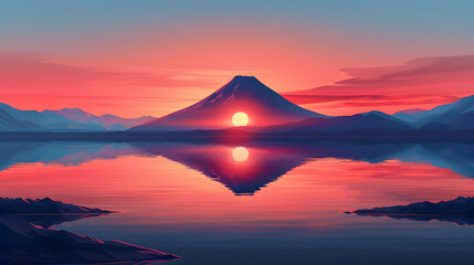 Vibrant Volcanic Sunset Reflections: Flat Design Backdrop Concept with Fiery Skies and Isometric Scene Illustration