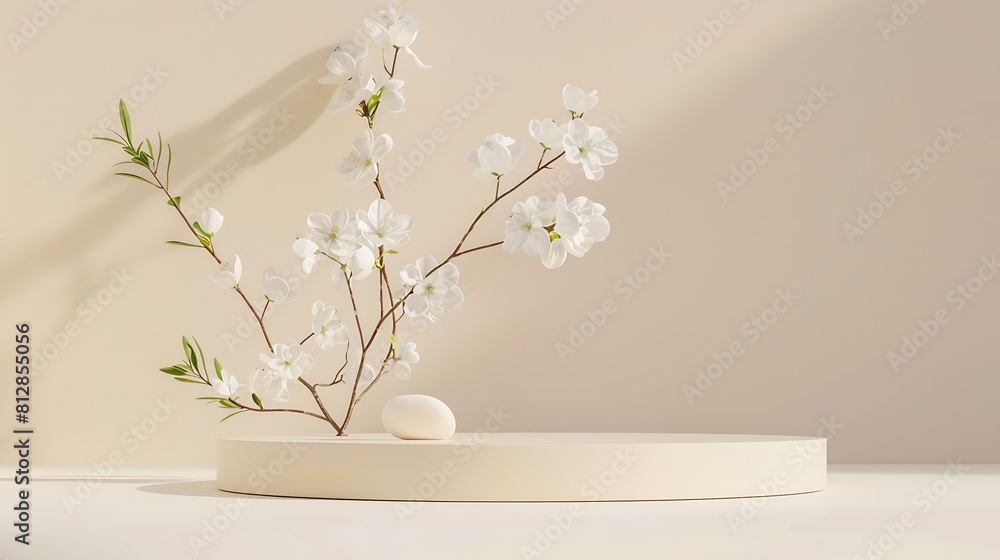 Poster geometric podium platform stand for product presentation and spring flowering tree branch with white