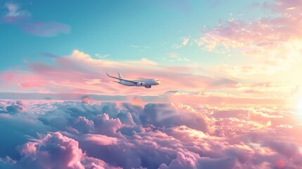 Airplane flying over clouds, embodying global travel, tourism, and leisure, clear summer sky background, concept of holiday planning, vibrant colors, wide angle, AI Generative hyper realistic 