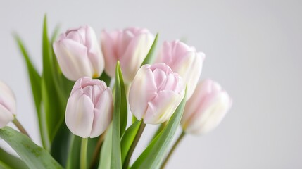 Fototapeta premium Light pink tulip bouquet on a plain background shot with soft light and a shallow depth of field : Generative AI