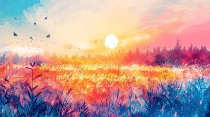 AI Generated. AI Generative. Watercolor ink drawing painting field meadow sun nature outdoor...