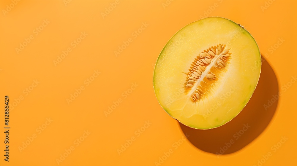 Poster Melon half on orange background Creative layout made of fresh melon Flat lay top view copy space : Generative AI