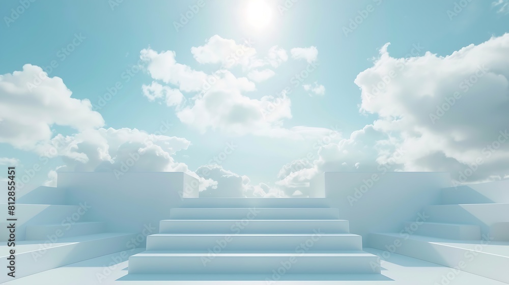 Aufkleber Front view of white podium and stairway with blank space in blue cloudy sky background abstract content : Generative AI