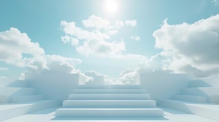 Front view of white podium and stairway with blank space in blue cloudy sky background abstract content : Generative AI
