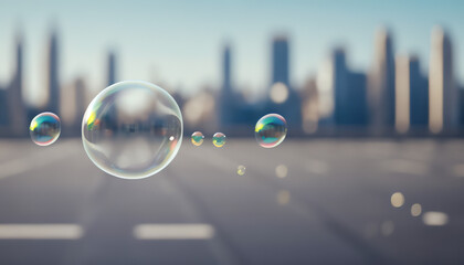 Soap bubbles during a city sky blur background