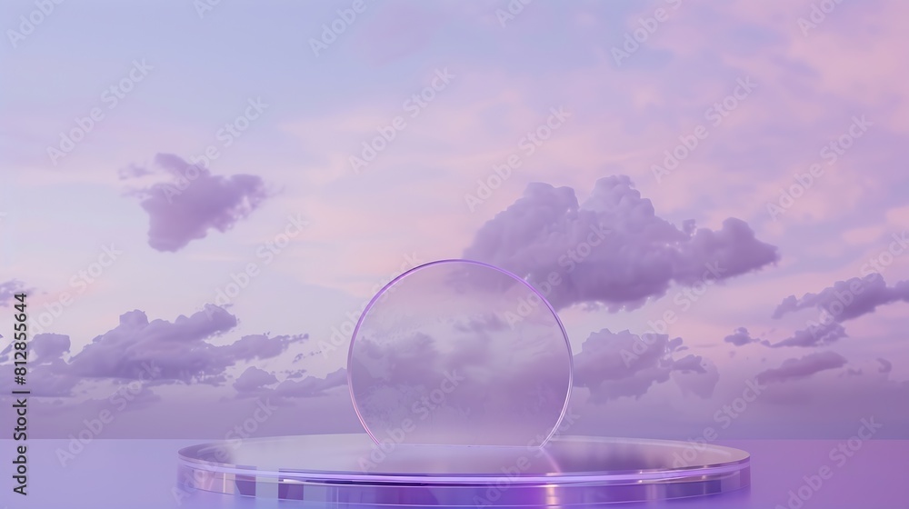 Poster front view of transparent podium with blank space in purple gradient cloudy sky background abstract 