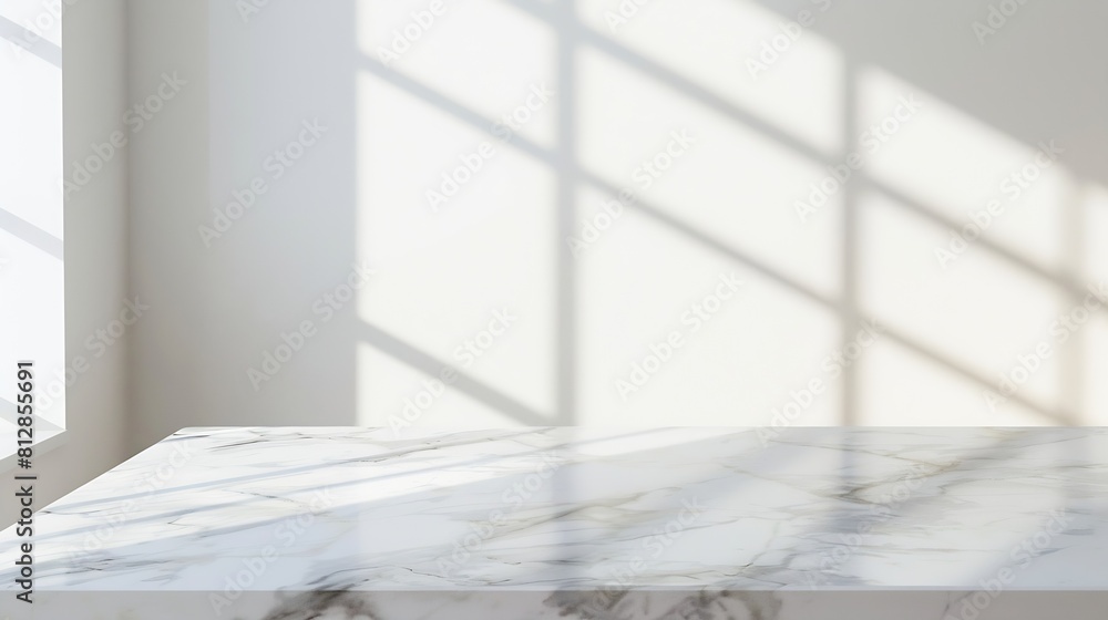 Poster Marble table with window shadow drop on white wall background for mockup product display : Generative AI