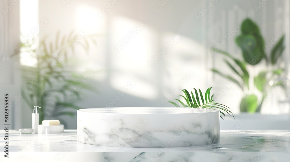 Aufkleber marble white podium on table for bathing product display on blur bathroom sink background : generati