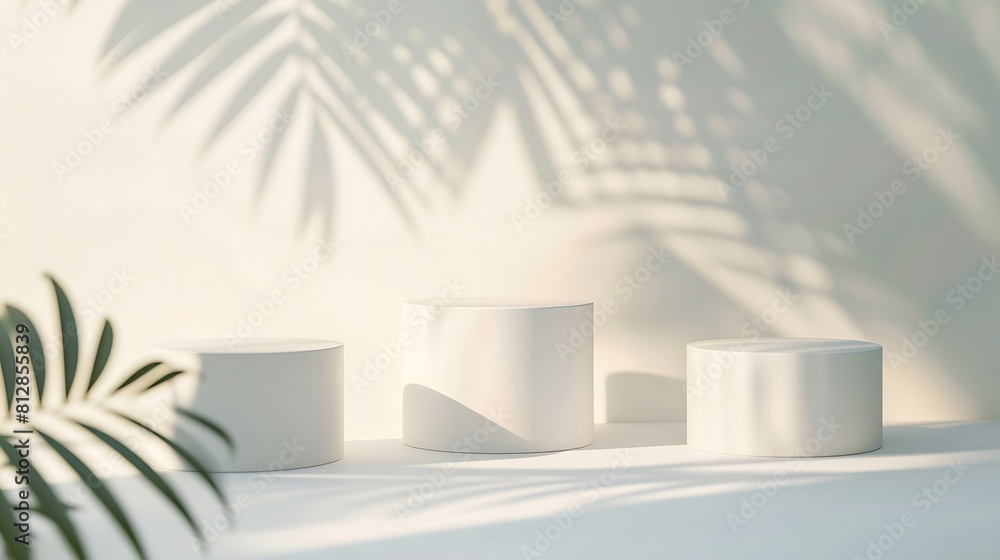 Poster White empty stands on light background with palm shadows overlay Abstract podium product display : Generative AI
