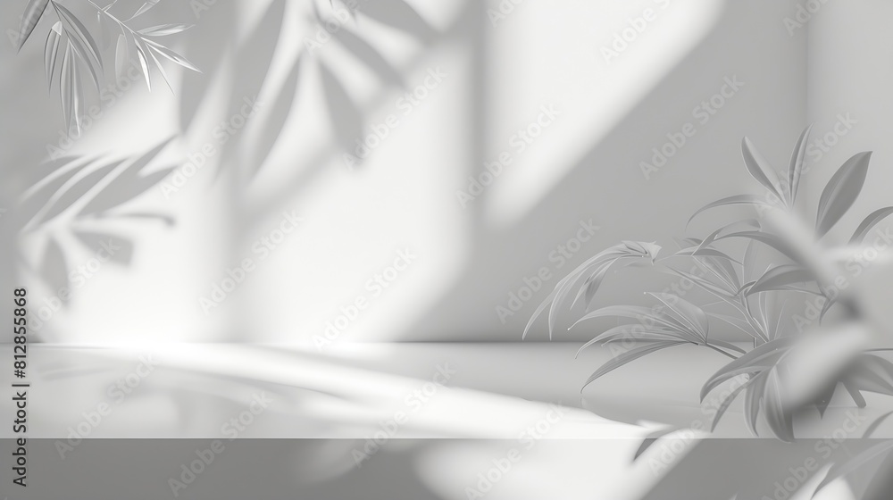 Poster Background White Shadow Studio Light Display Product 3d Gray Blurred Leaf Wall Space Empty Podium Abstract Grey Pattern Texture Design Kitchen Table Interor Shadow Sun Room Template Be : Generative AI