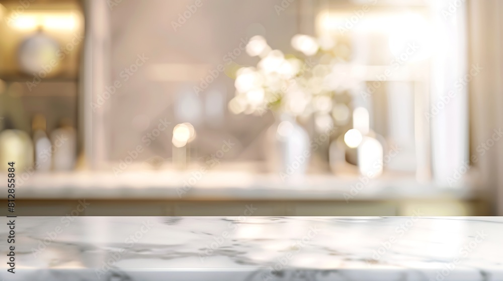 Poster Blurred bathroom background and  Marble counter table top  can be used mock up for montage products display or design layout : Generative AI