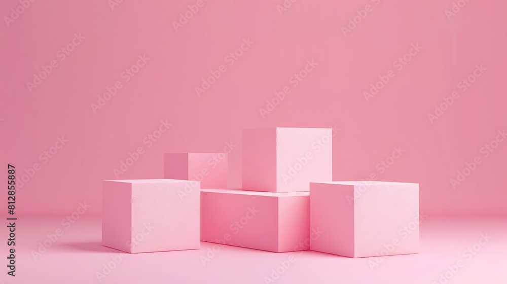 Poster Awarding podium made of three 3d pastel square shapes of different sized against blank pink background for copy space : Generative AI