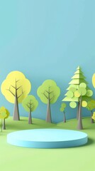 Obraz premium Product booth background: 3D blue forest tree product booth background