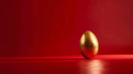 Easter creative layout made with golden Easter egg levitating on a red background Minimal holiday still life concept : Generative AI