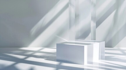 White block pedestal product display grey background with modern Transparency strip glass with sunshine light : Generative AI