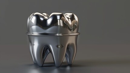 An image of a stainless steel crown used in dental health for kids with severe tooth decay or fractures. Dental restoration concept. Steel crown silver caps for kid problem teeth. hyper realistic 