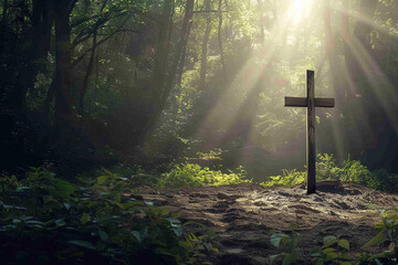 The ethereal glow of light in a serene forest background with a wooden cross,