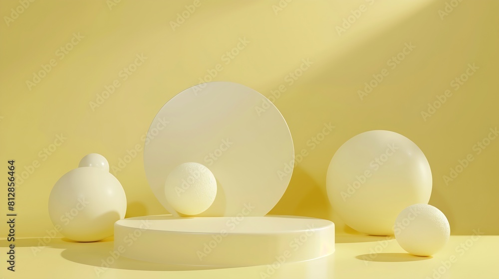 Poster Abstract minimal 3D render stage with empty podium for product mockup display and 4 spheres as decoration Bright tone with light yellow background : Generative AI
