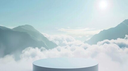 Surreal podium outdoors on sky blue pastel soft cloud with misty mountain nature landscape...