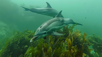 Fototapeta premium Dolphins and algae underwater in green Sea.