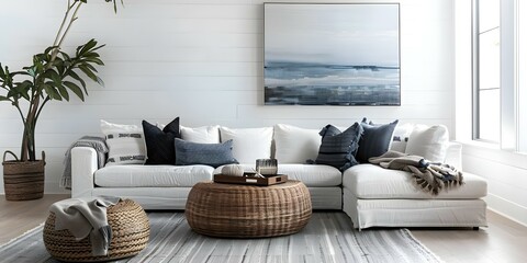 Coastalthemed living room with rattan sectional wood accents and ocea. Concept Coastal Decor, Rattan Furniture, Wood Accents, Ocean-Inspired Palette