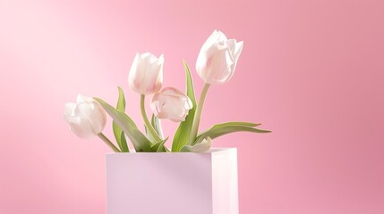 White cube podium with tulips flowers on pink background spring concept display for products cosmetics and perfumery : Generative AI