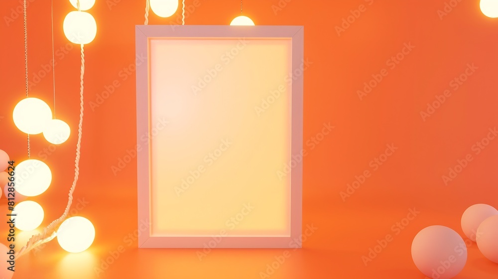 Poster White empty frame in orange solid color studio scene white lights Halloween background Product display mockup design : Generative AI