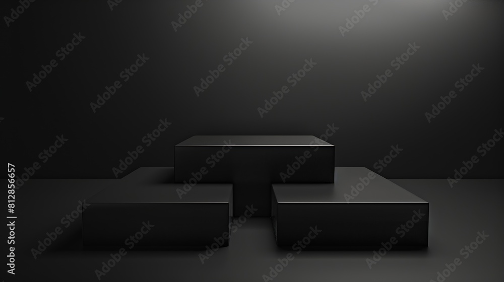 Aufkleber three black square stands of different heights on black background platforms for presentation of pro