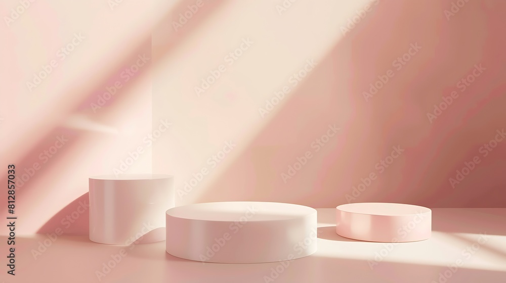 Fototapete Abstract minimal scene with geometrical forms Cylinder podiums in cream pink colors Abstract background Scene to show cosmetic podructs Showcase display case 3d render : Generative AI