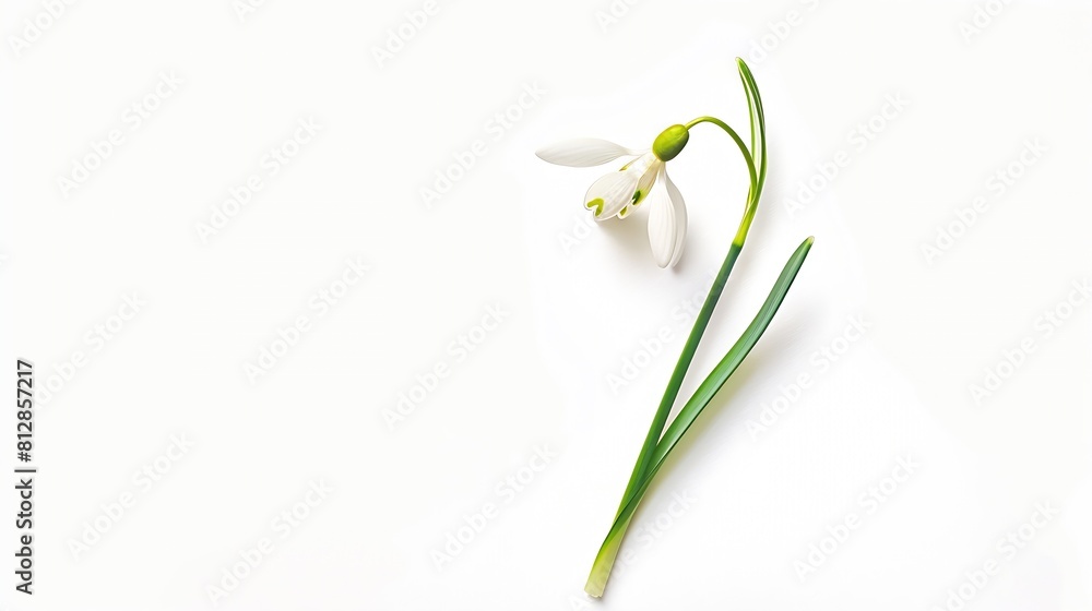 Poster Snowdrop spring first single flower isolated on white background Hello spring Creative layout Top view flat lay Design element Springtime greeting card Easter holiday concept : Generative AI