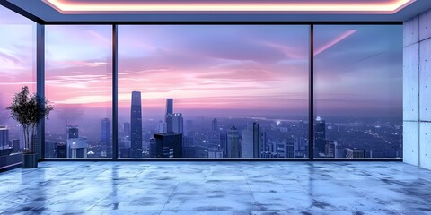 Empty room with panoramic city view window stylish wall mockup. Concept Room Interior, Panoramic City View, Wall Mockup, Stylish Design