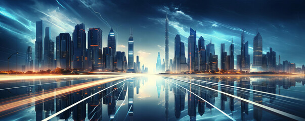 A stunning digital painting of a futuristic cityscape. The city is full of tall skyscrapers and flying cars. The sky is a deep blue and the city is lit up by the lights of the buildings.