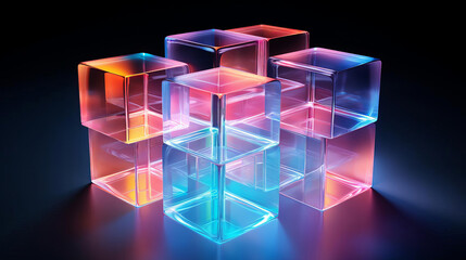 Create an abstract 3D render of a stack of glowing cubes. The cubes made of glass and have a glossy finish. The colors of the cubes is blue, pink, and orange. The background is black.