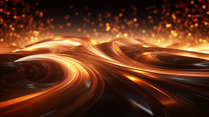Create an abstract image of a molten metal surface with glowing particles. The surface is rippling and the particles are swirling. The colors are orange and yellow.