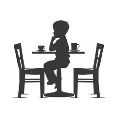 Silhouette little boy sitting at a table in the cafe black color only