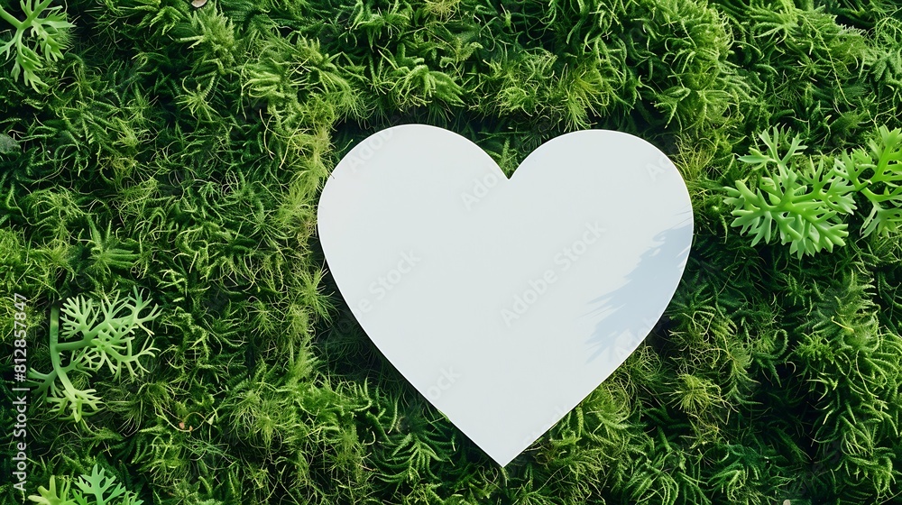 Poster creative layout made of heart card note on green grass moss background top view copy space advertisi
