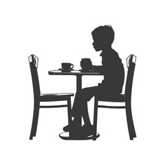 Silhouette little boy sitting at a table in the cafe black color only