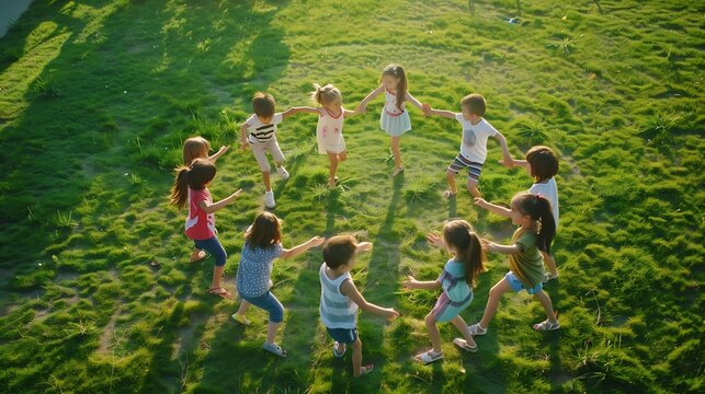 Group of kids playing games and having fun in nature Joyful little children dancing a round dance on green grass in the park Several happy little friends holding hands and running in a : Generative AI