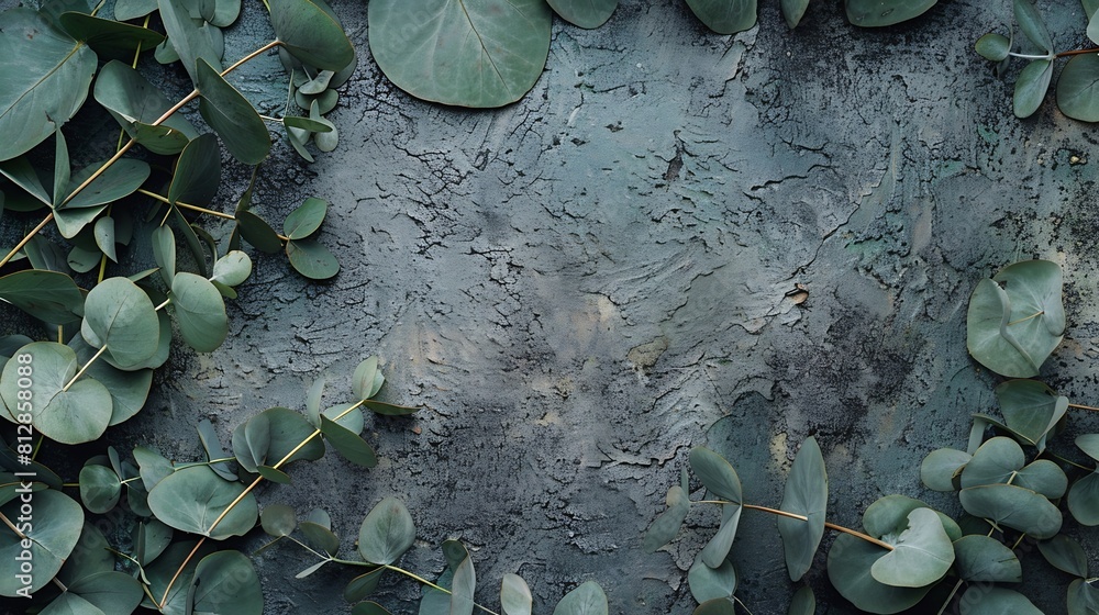 Poster Green eucalyptus leaves on stone table Frame made of eucalyptus branches Flat lay top view copy space : Generative AI