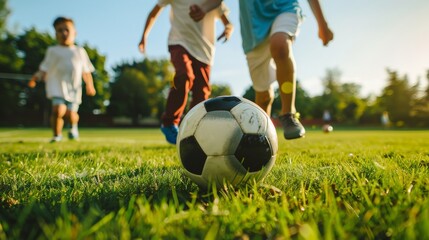 Obraz premium Three boys playing soccer on a field