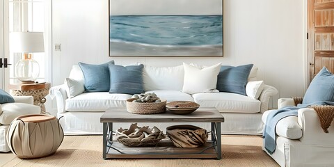 Coastalinspired living room mockup with soft blue tones linen upholstery and driftwood accents. Concept Coastal Decor, Living Room Design, Blue Tones, Linen Upholstery, Driftwood Accents