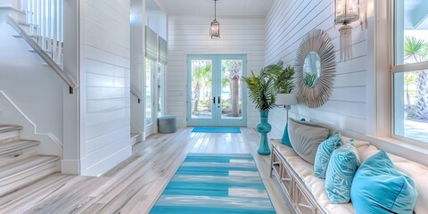 Entryway with beachy accents and coastal color scheme for coastal interior design. Concept Coastal Decor, Beachy Accents, Entryway Design, Coastal Color Scheme, Interior Styling