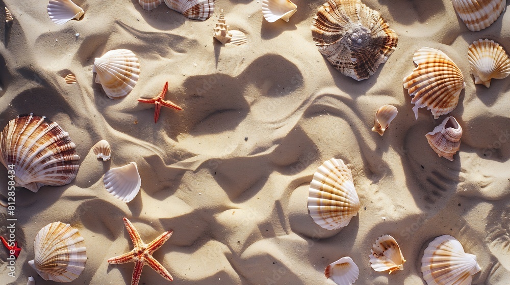 Poster top view of a sandy beach texture with imprints of exotic seashells and starfish as natural textured