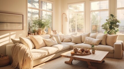 Fototapeta premium living room with a comfy, oversized sofa in a neutral hue, 