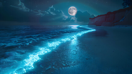 Bioluminescent Shoreline at Moonrise | Photo realistic concept of the shoreline glowing under the moonrise with waves casting bioluminescent light upon the beach